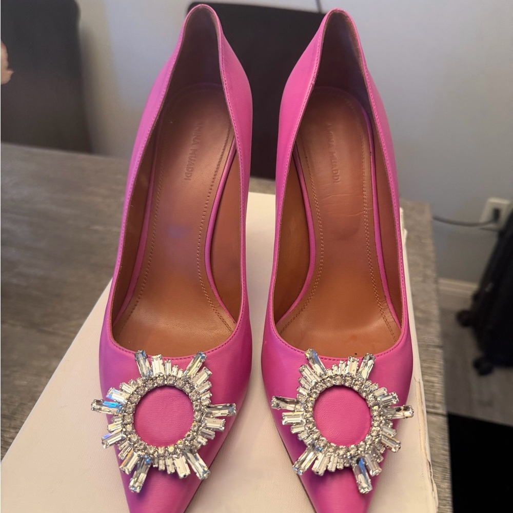 Amina Muaddi Fuchsia Embellished Heels
